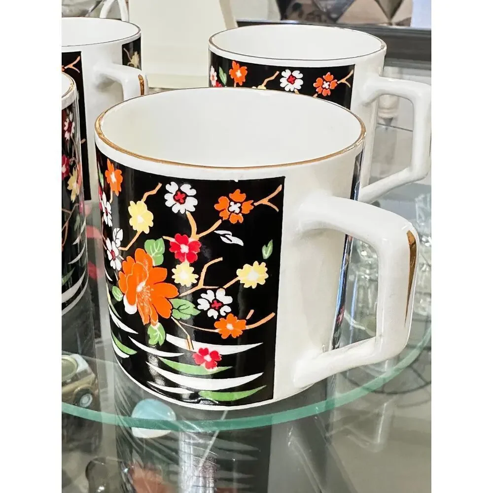 Set of 4 Bone China Mugs – Black Floral Japan-Inspired Pattern – Vintage